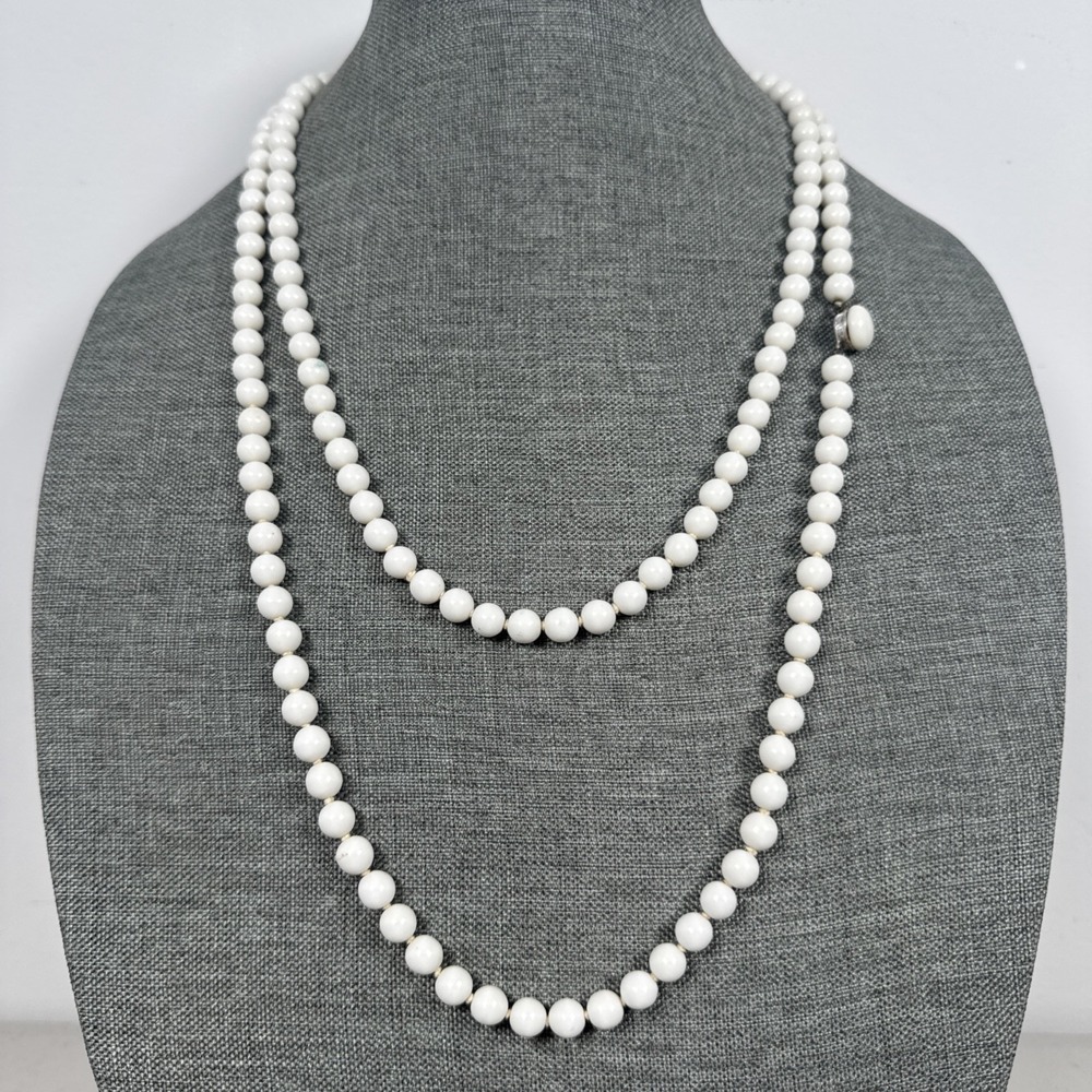 Long White Plastic Bead Necklace Japan 54 Inch Knotted Beaded Vintage